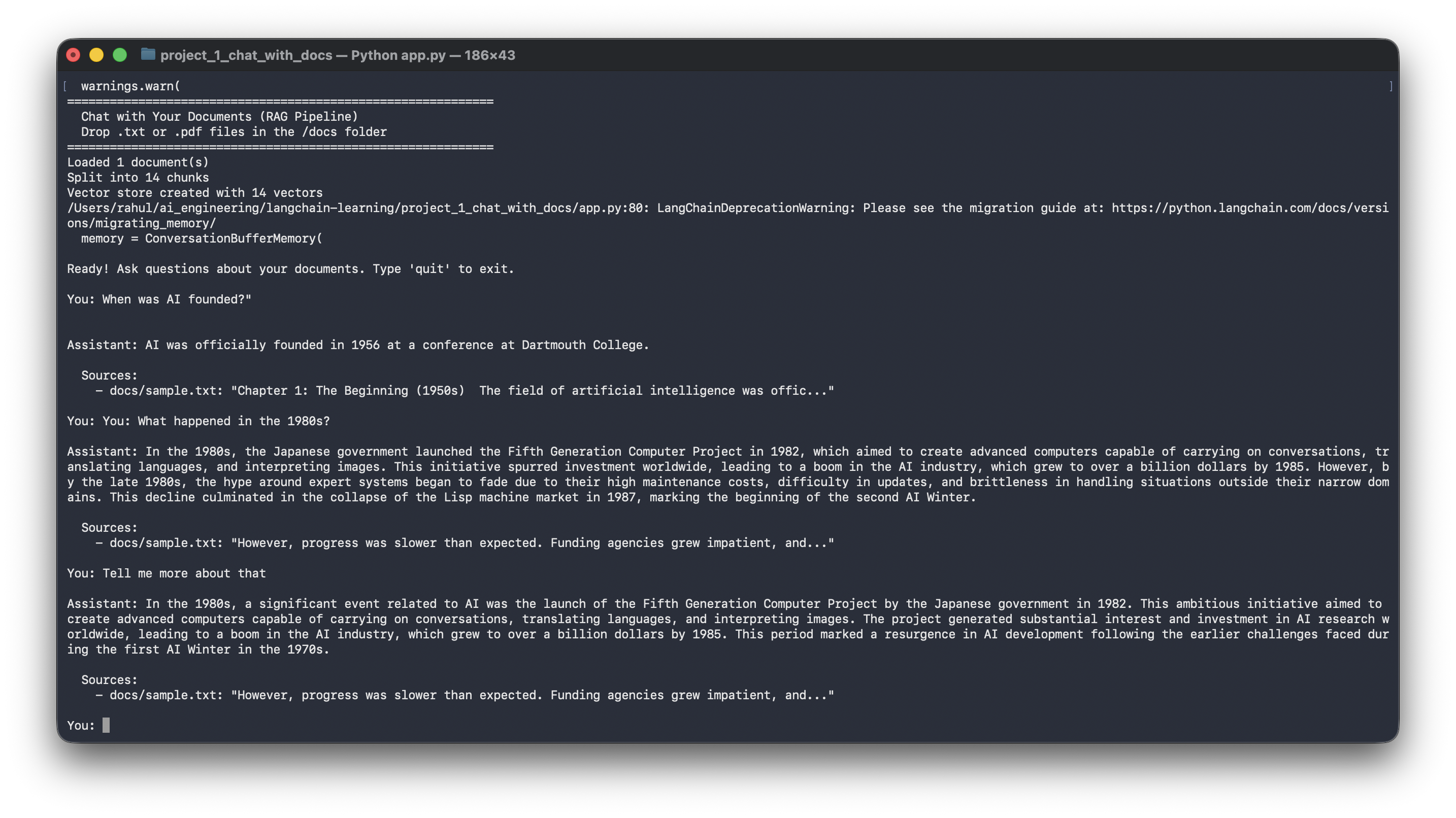 Chat with Docs terminal output